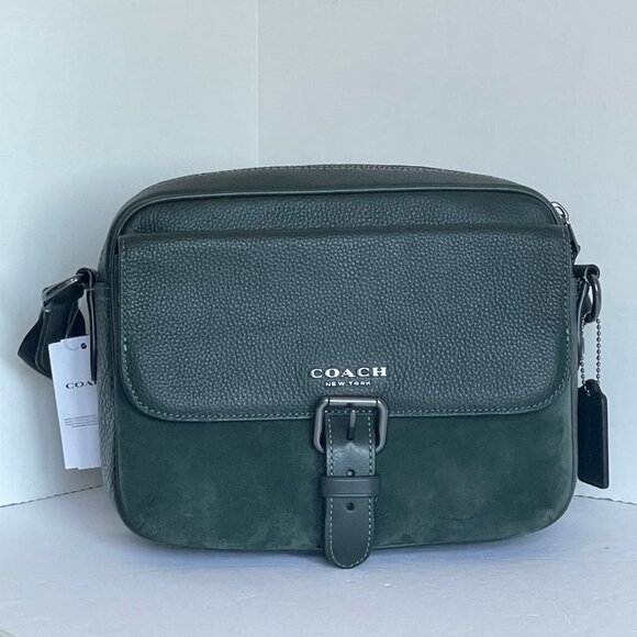 Coach Hudson Suede Messenger Shoulder Bag Leather Crossbody Green CB906 - Picture 3 of 12